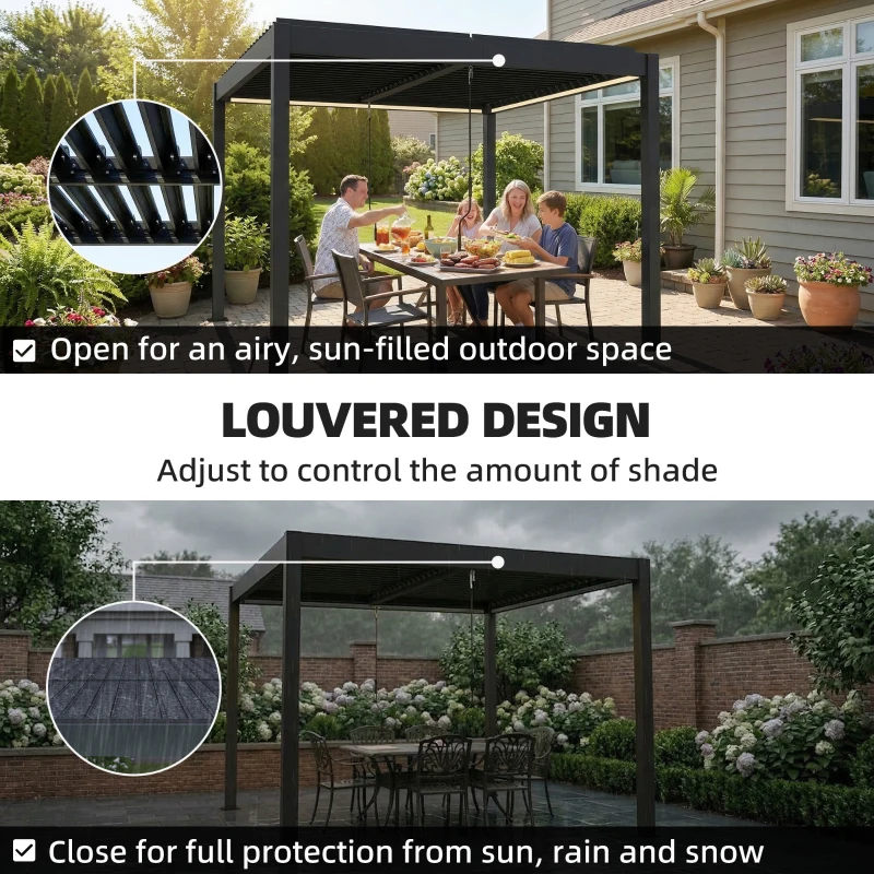 Outsunny 3 x 3 m Louvered Pergola with LED Lights, Metal Louvres, Aluminium Patio Gazebo Pergola, Dark Grey