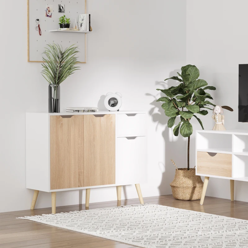 HOMCOM Aparador Moderno Aparador para Salón con 3 Puertas y Cajón Mueble Auxiliar para Salón Cocina Dormitorio 90x30x72 cm Blanco y Natural