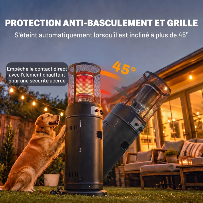Outsunny Parasol Chauffant Gaz 11 kW 30 m² Roulettes, Réglage Continu, Grille de Protection, Anti-surchauffe, 52x46x137cm, Noir