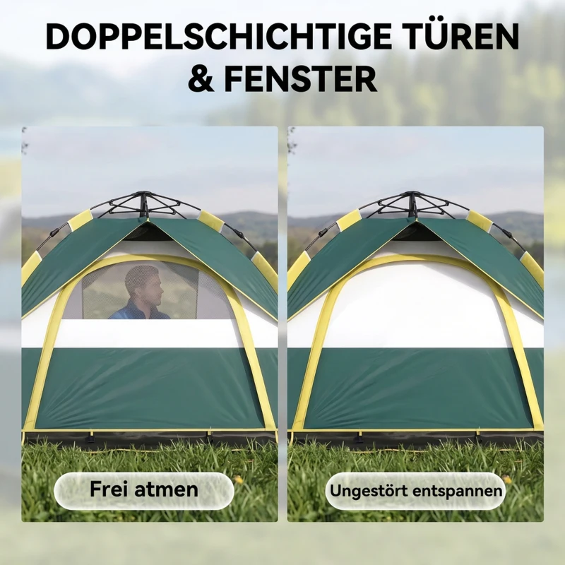 Outsunny Campingzelt für 2 Personen Pop-up Kuppelzelt mit Fenster, Packtasche, Haken, Bodenplane, Wasserabweisend Familienzelt mit 1000mm Wassersäule Zelt für Camping Reise Trekking Garten
