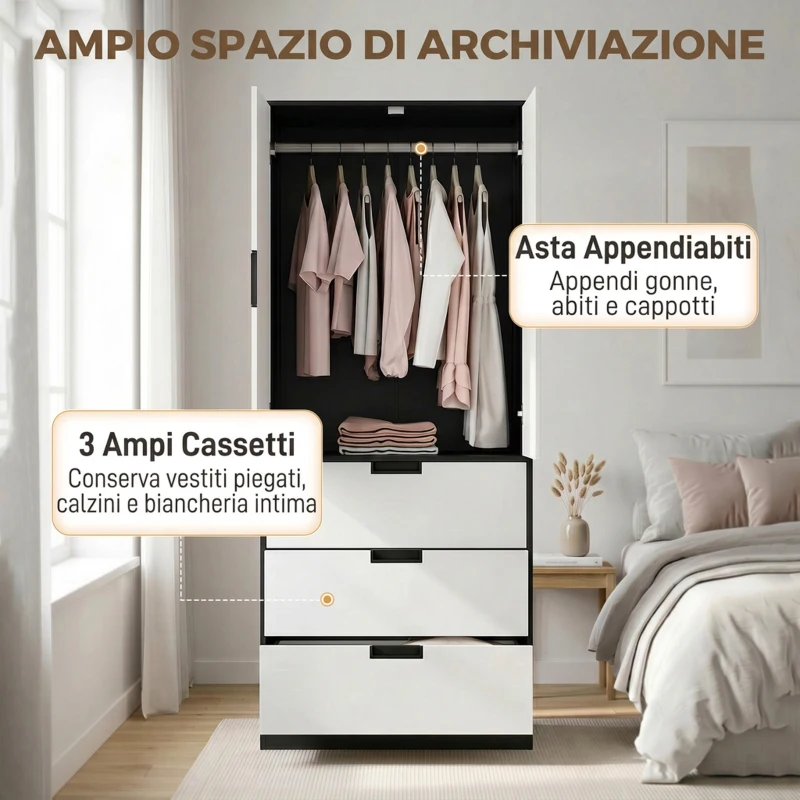 HOMCOM Armadio 2 Ante con 3 Cassetti, Moderno Armadio con Barra Appendiabiti, per Camera da Letto, Nero Bianco