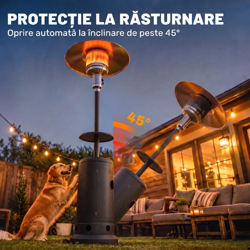 Outsunny Încălzitor de terasă cu gaz 13 kW, cu roți și măsuță, maro