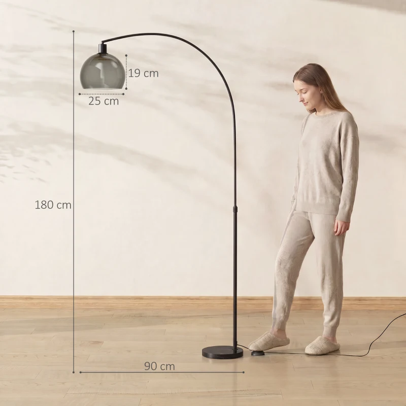 HOMCOM Lampada da Terra ad Arco con Interruttore a Pedale, 90x26x180 cm, Nero e Grigio Fumo