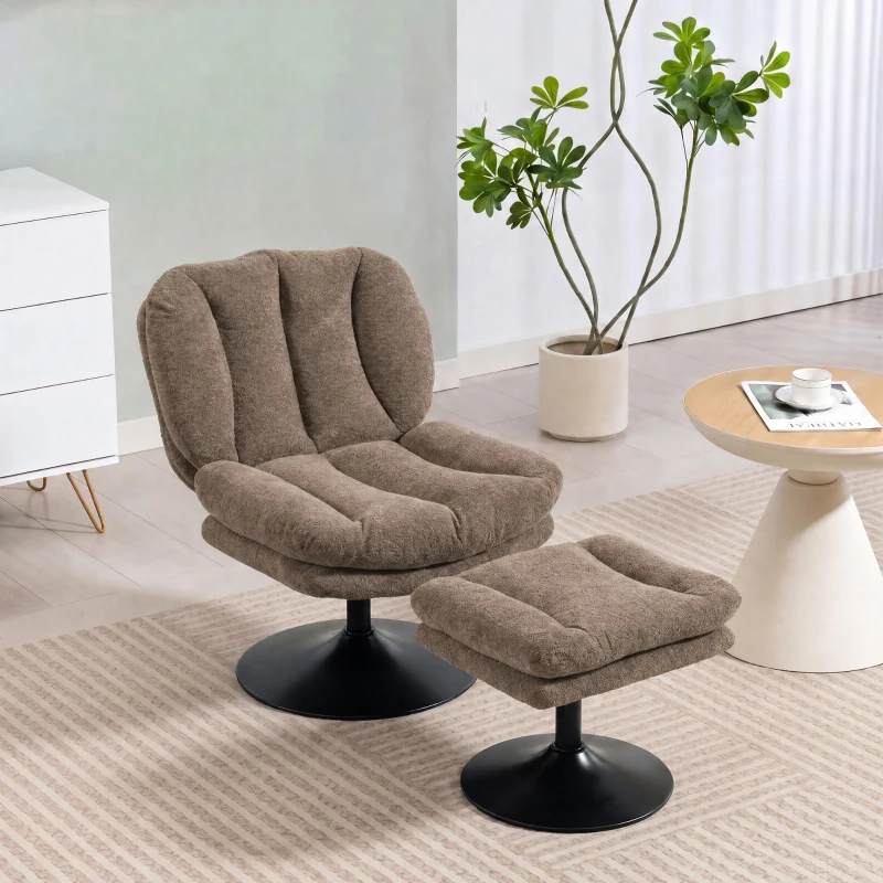 HOMCOM Fotoliu lounge cu taburet, rotire 360°, din catifea Raindrop, taburet reglabil pe înălțime, Maro