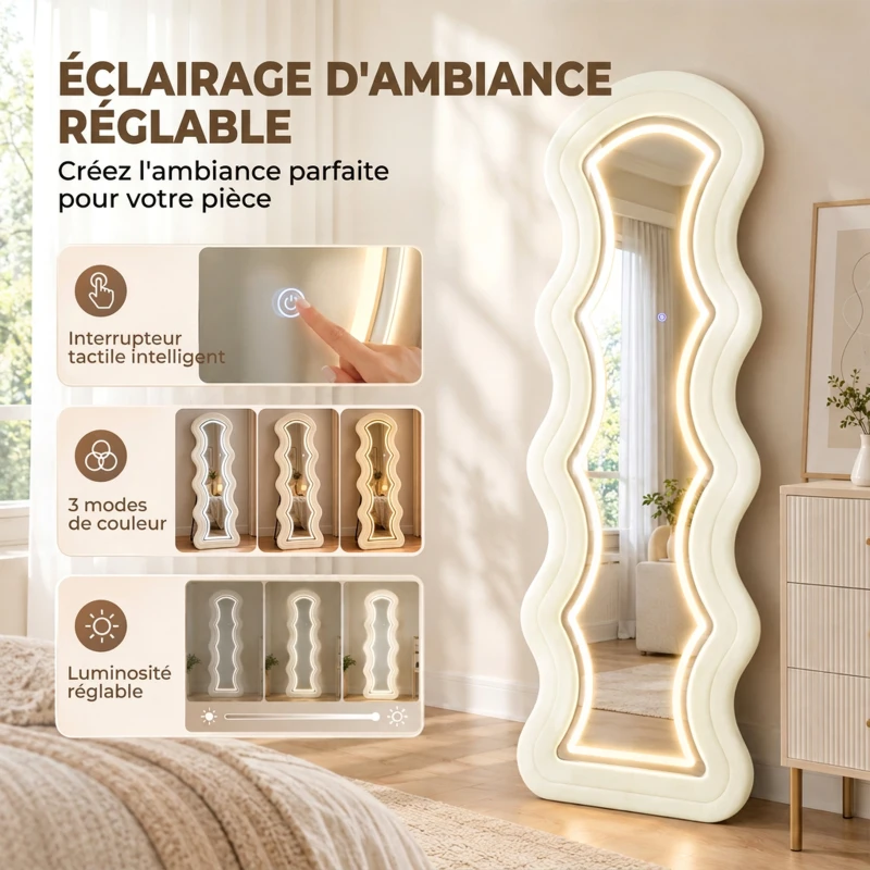HOMCOM Miroir Pleine Longueur Ondulé 160 x 60 cm, LED 3 Couleurs, Cadre Effet Velours, Verre Trempé HD, Crème