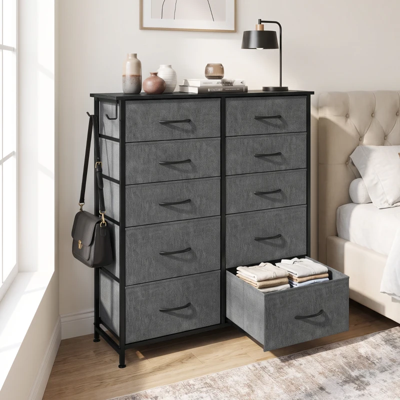 HOMCOM Chest of Drawers, Dresser with 10 Fabric Drawers, Tall Storage Unit with 4 Pockets and 2 Hooks Steel Frame, Grey