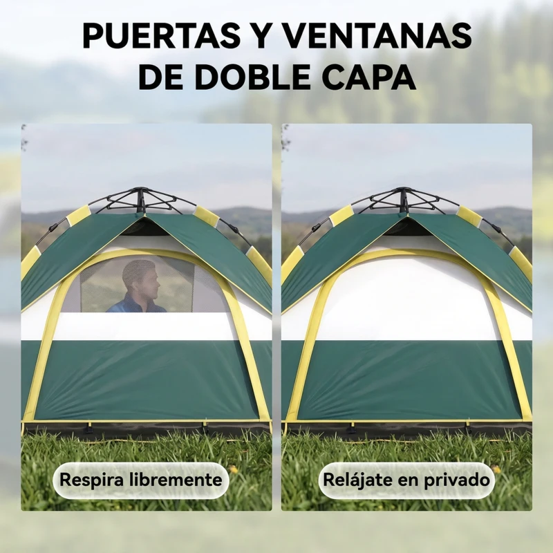Outsunny Tienda Camping Plegable con 1 Puerta 3 Ventanas Bolsa de Transporte y Apertura Automática 205x195x135 cm Verde