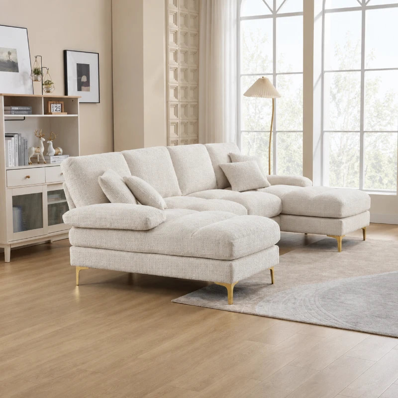 Modernes großes U-förmiges Chenille-Ecksofa mit Doppel-Liegesitzen für Wohnzimmer Beige
