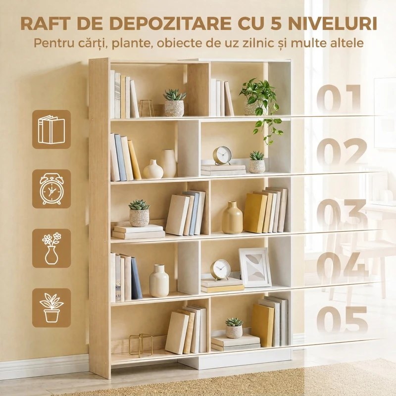 HOMCOM Bibliotecă de Colț cu 5 Polițe, Design Rotativ 350°, Lemn/Alb