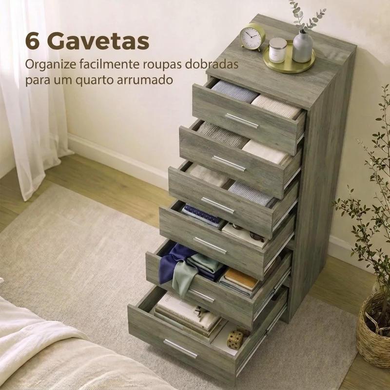 HOMCOM Cómoda Alta com 6 Gavetas para Quarto com Sistema Anti-Tombo 40x40x110 cm Cinzento-claro e Branco