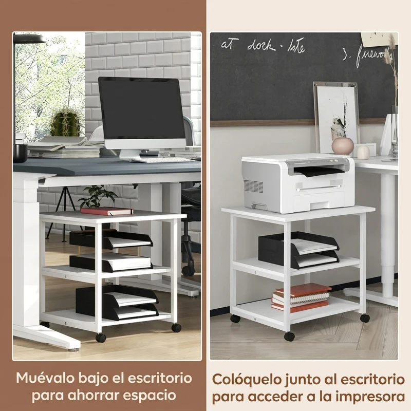 HOMCOM Soporte para Impresora de 3 Niveles con Ruedas Marco de Acero para Oficina Casa 50x50x52,5 cm Blanco