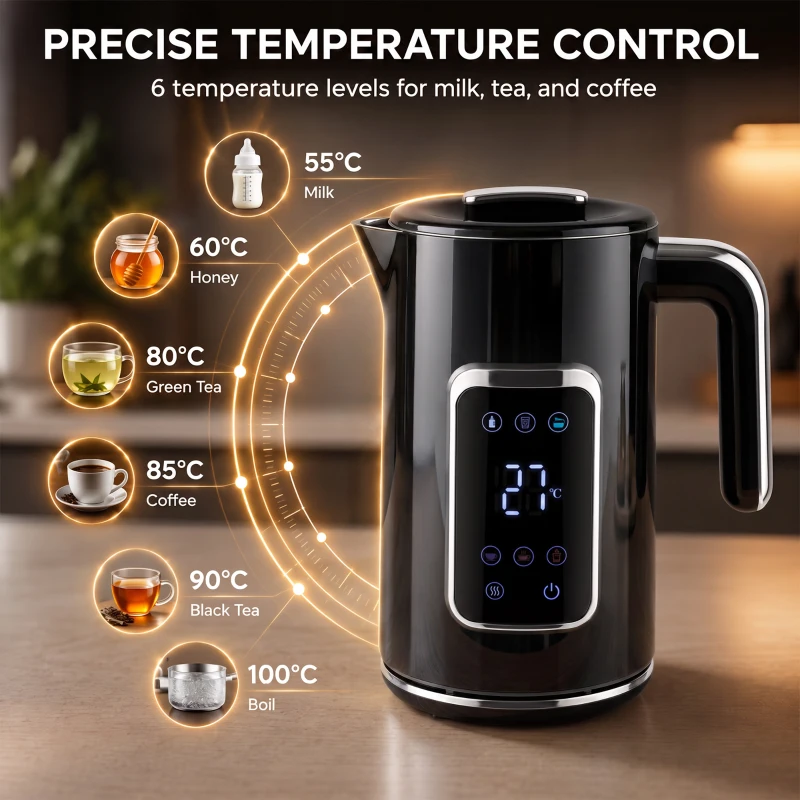 HOMCOM Waterkoker 1,7 L, 2200 W, met LED-display, instelbare temperatuur, warmhoudfunctie, zwart