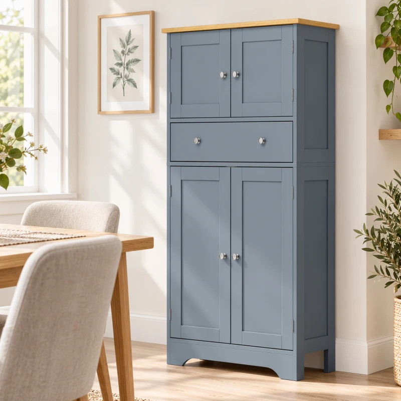 HOMCOM Kitchen Cupboard, Modern Freestanding Kitchen Storage Cabinet with Doors and Shelves, Grey Blue