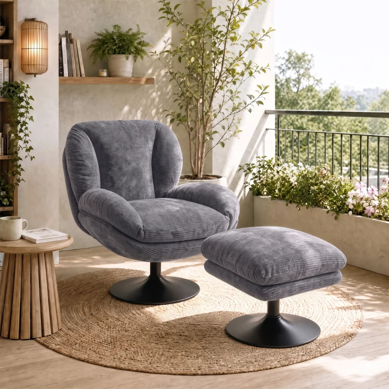 HOMCOM Modern Chenille Lazy Chair with Ottoman, 360° Swivel, Upholstered Reading Seat Set for Living Room, Dark Grey