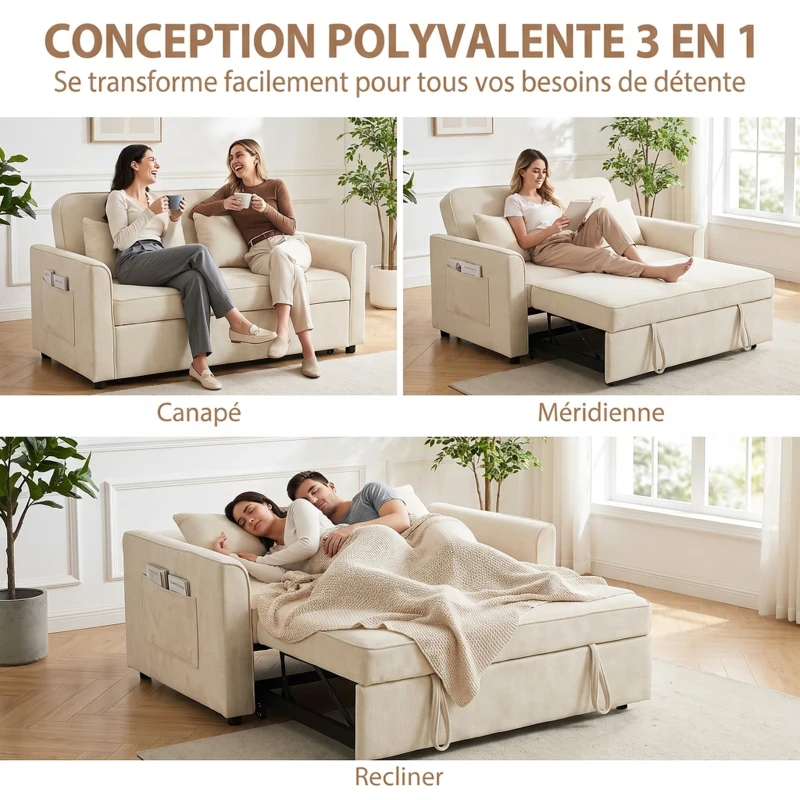 HOMCOM Canapé Convertible 2 Places 3 en 1, Canapé-Lit Clic Clac en Chenille 142 cm, Dossier Réglable, 2 Oreillers, Beige