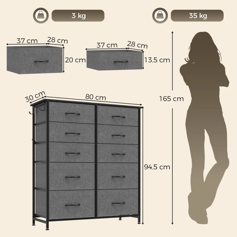 HOMCOM Chest of Drawers, Dresser with 10 Fabric Drawers, Tall Storage Unit with 4 Pockets and 2 Hooks Steel Frame, Grey