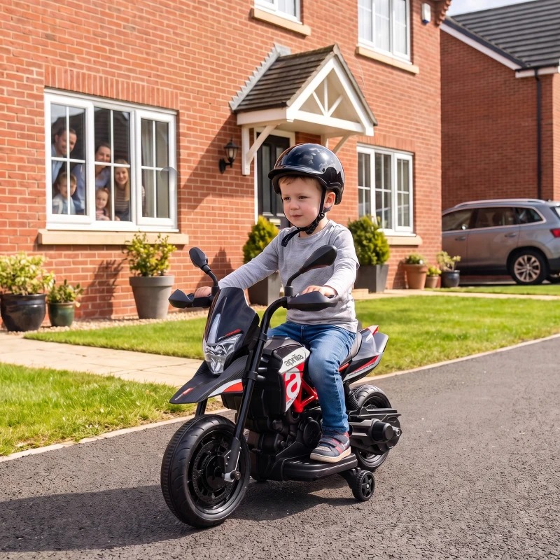 AIYAPLAY Elektryczny motocykl dziecięcy APRILIA 6 V z akumulatorem litowym 25 W silnik ograniczenie skrętu 30° odłączane kółka pomocnicze