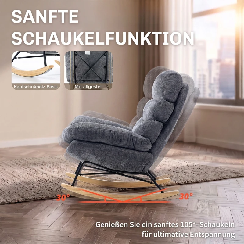 HOMCOM Schommelstoel van chenille, fauteuil voor kleermakerszit met dubbellaags kussen, zachte rugleuning en onderstel van rubberhout, donkergrijs