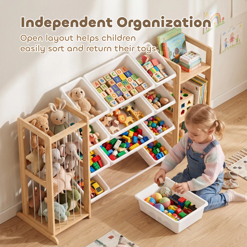 AIYAPLAY Wooden Toy Storage Unit with Stuffed Animal Storage, Bookshelf and 12 Bins for Kids Rooms, Bedroom, Playroom, Nursery