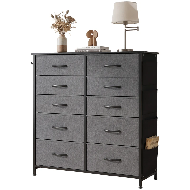 HOMCOM Chest of Drawers, Dresser with 10 Fabric Drawers, Tall Storage Unit with 4 Pockets and 2 Hooks Steel Frame, Grey