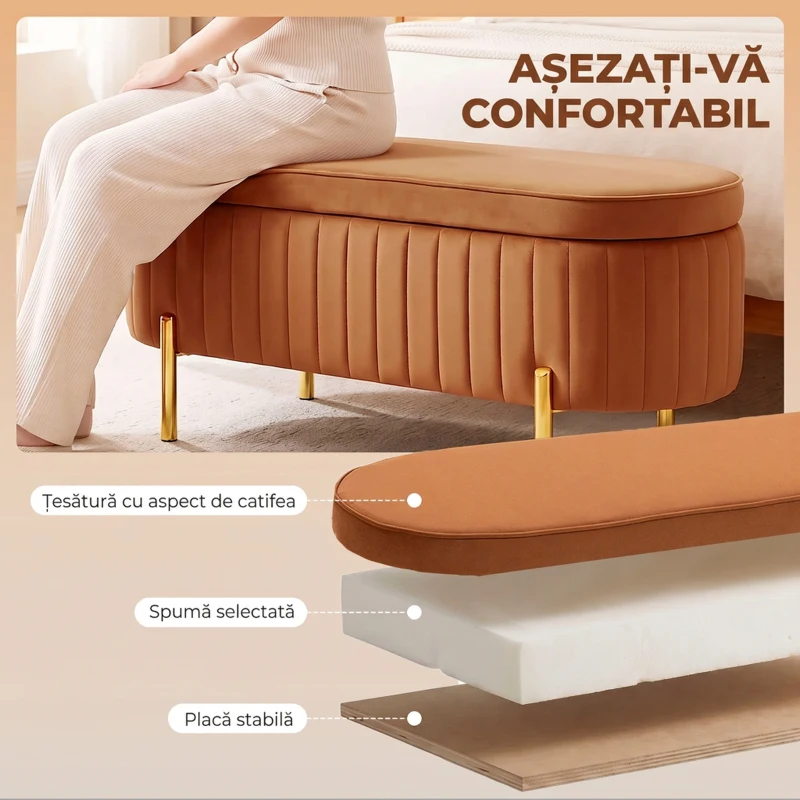 HOMCOM Banchetă Ovală cu Depozitare 72 L, cu Capac Rabatabil, din Material Catifelat și Lemn, 108x44x43,5 cm, Maro Auriu