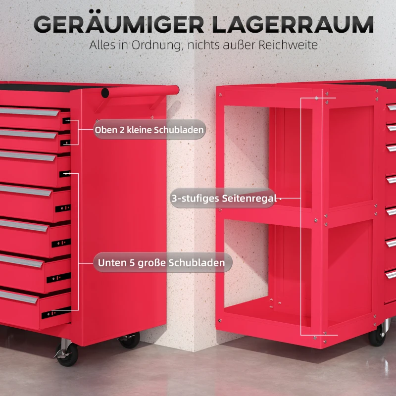HOMCOM Werkstattwagen Werkzeugwagen mit 7 Schubladen abnehmbar Seitenregal 4 Rollen mit Feststellbremse, 96x33,5x75cm, Rot