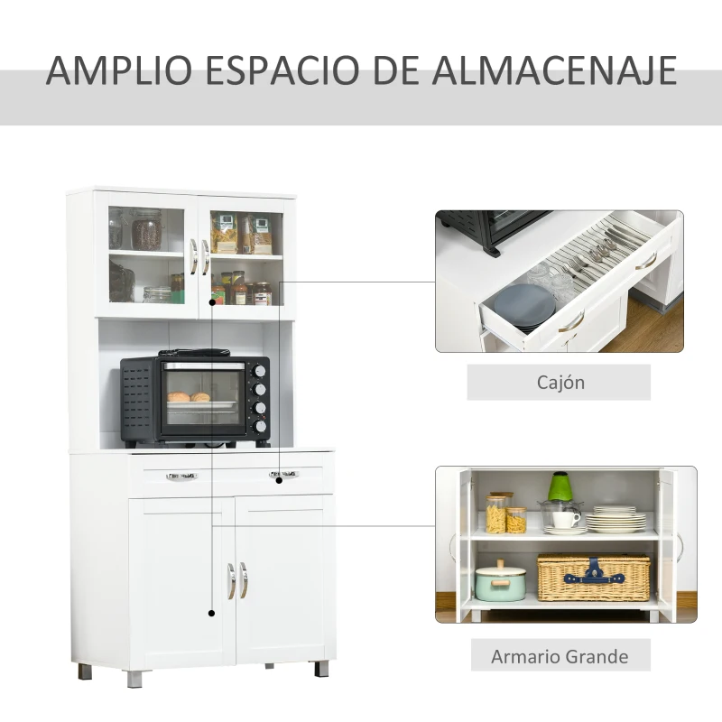 HOMCOM Mueble Aparador auxiliar de Cocina Alacena Armario de Comedor con Estantes Interiores Ajustables y Cajón 80x48x170 cm Blanco