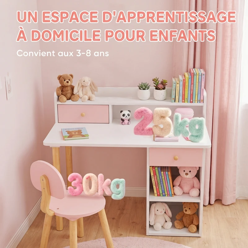 AIYAPLAY Bureau enfant avec chaise, table enfant et chaise avec 2 tiroirs et étagères ouvertes, 85 x 48 x 73 cm, rose
