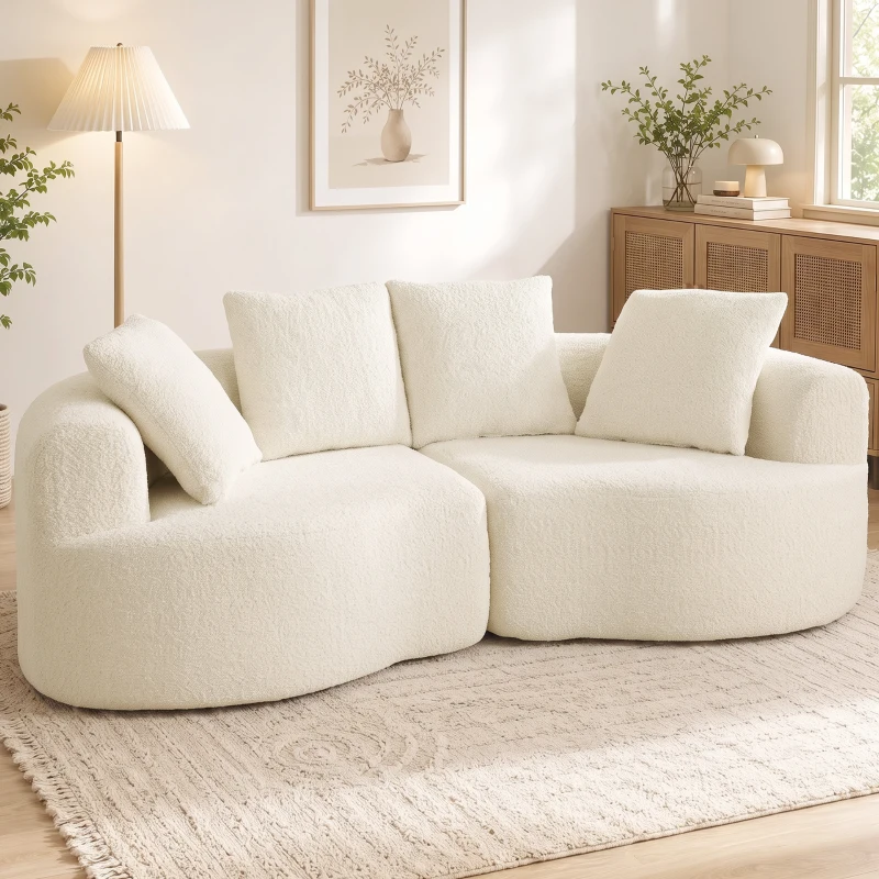 HOMCOM Sofa 3 Sitzer 207 cm Cloud Sofa mit Chenille-Optik, 4 Wurfkissen für Schlafzimmer, Werkzeugfreie Montage, Cremeweiß