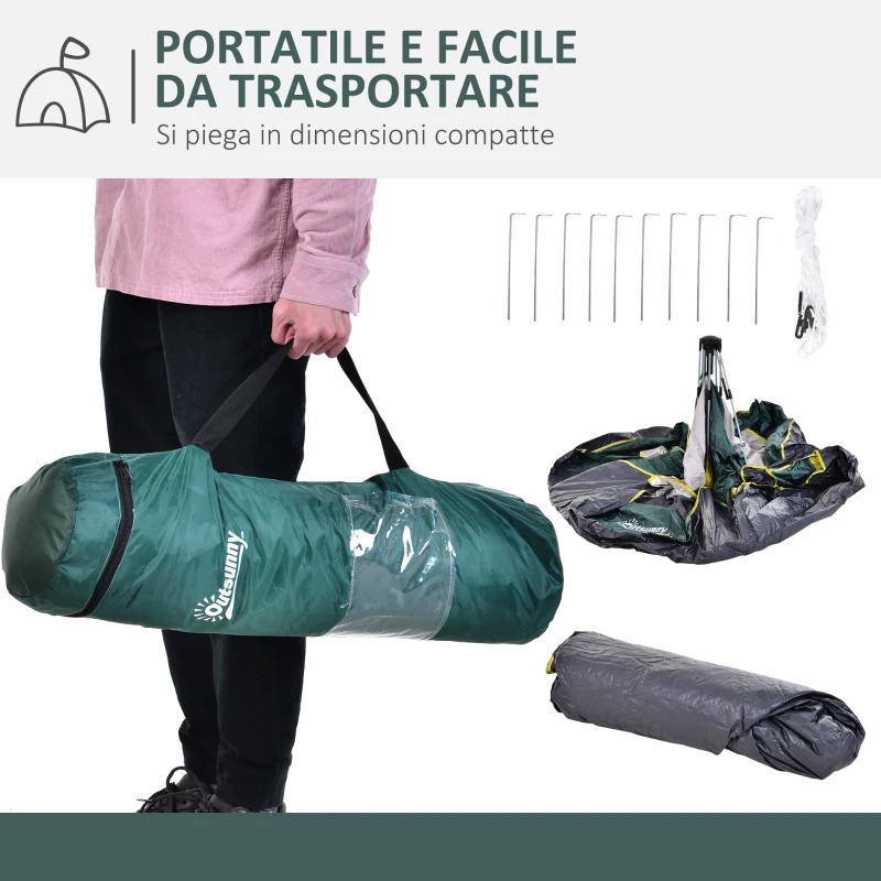 Outsunny Tenda da Campeggio 2 Posti con Apertura Automatica, Tasche Interne e Tappetino, 205x195x135 cm, Verde Oliva