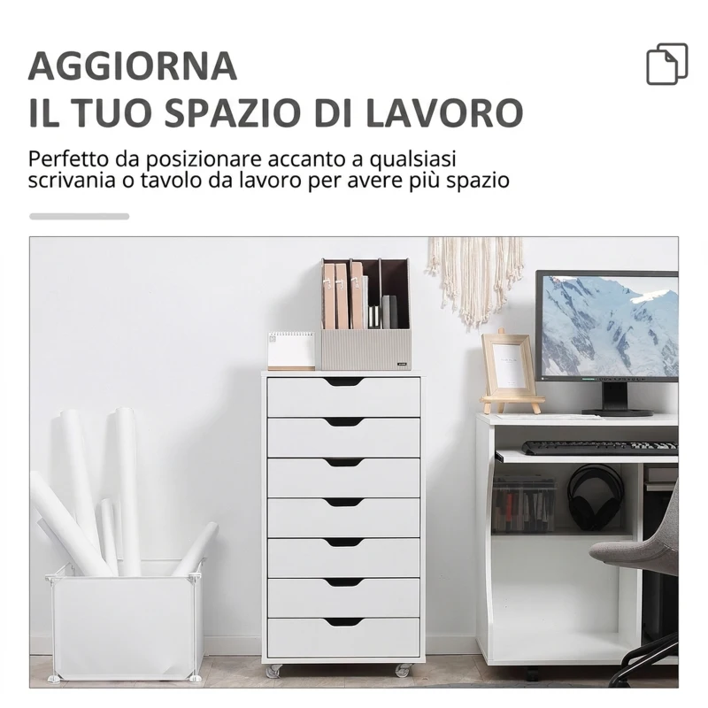 Vinsetto Schedario da Ufficio con 7 Cassetti, Ruote a Freno, Cassettiera Scrivania per Lettera/Formato A4/Legale, Bianco