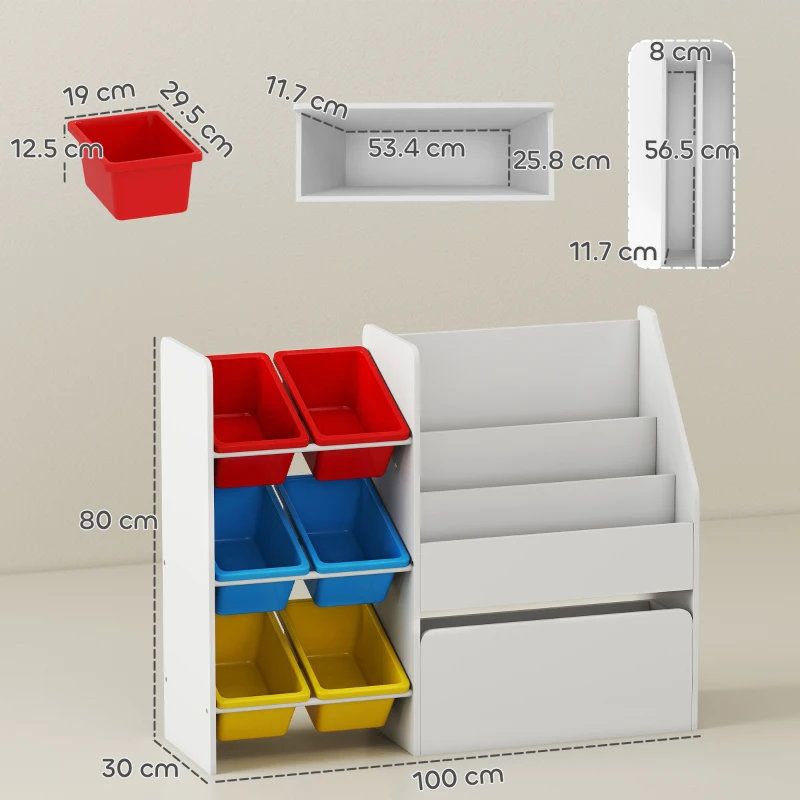 AIYAPLAY Toy Storage Unit, 3-Tier Toy Organiser Shelf with 6 Removable Storage Bins for Bedroom, Nursery, Multicoloured