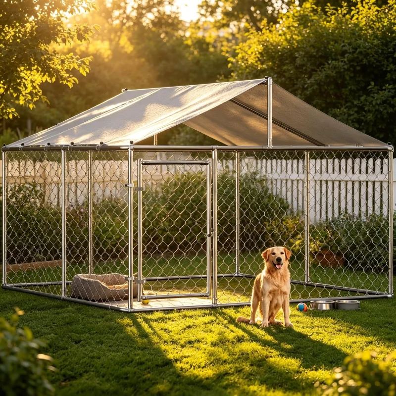 Outdoor-Hundeauslauf mit Dach, Hundezwinger 230 x 230 x 117 cm, 32-mm verzinkter Stahl, abschließbare Tür, Erdanker, Silber