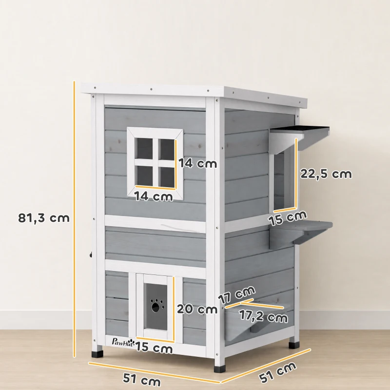 PawHut Cuccia per Gatti in Legno Impermeabile a 2 Piani con Tetto Apribile, 51x51x81.3cm, Grigio