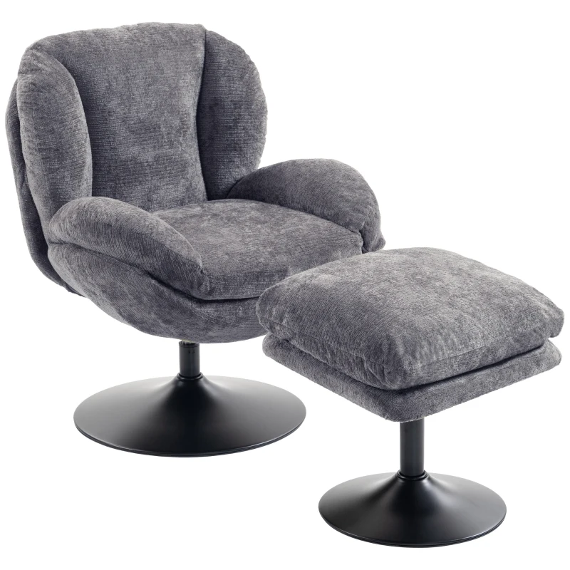 HOMCOM Modern Chenille Lazy Chair with Ottoman, 360° Swivel, Upholstered Reading Seat Set for Living Room, Dark Grey