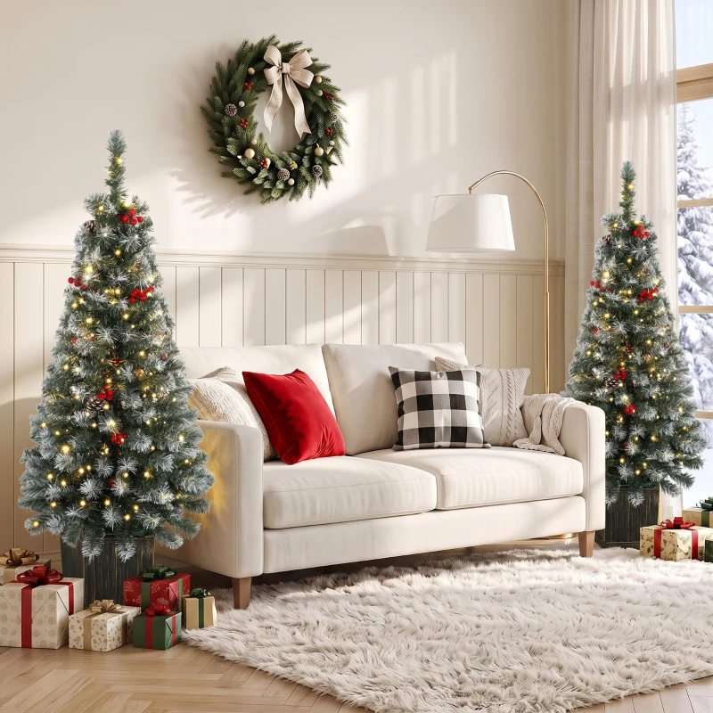 HOMCOM 4ft Pre-Lit Slim Artificial Christmas Tree Set of 2, with 100 Dual-Colour LED Lights, 140 Frosted Branch Tips