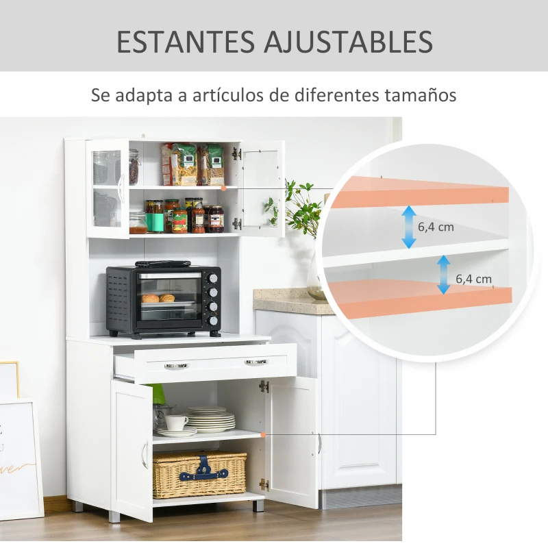 HOMCOM Mueble Aparador auxiliar de Cocina Alacena Armario de Comedor con Estantes Interiores Ajustables y Cajón 80x48x170 cm Blanco