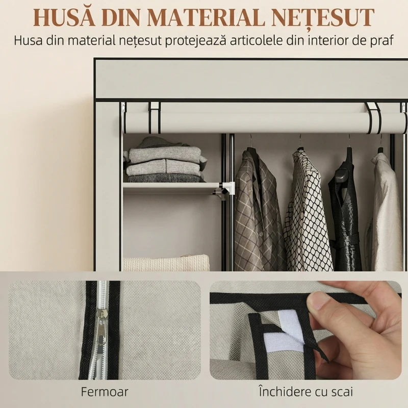 HOMCOM Dulap textil portabil cu roți, 6 rafturi deschise și bară pentru haine, crem