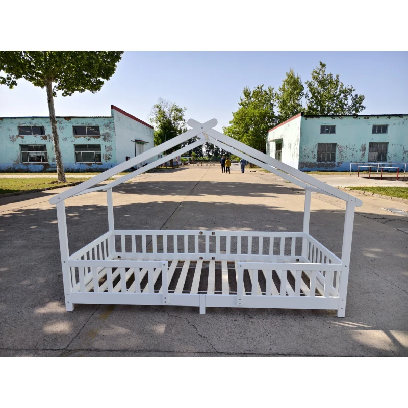 AIYAPLAY Wooden Kids House Single Bed Frame, Solid Pine Wood Toddler Bed with Dual Guardrails for Children, Boys, Girls, White