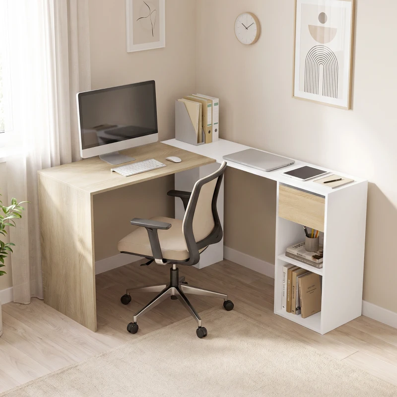 HOMCOM Secretária de Canto em L 120x110 cm com Gaveta e 2 Prateleiras, Branco e Natural