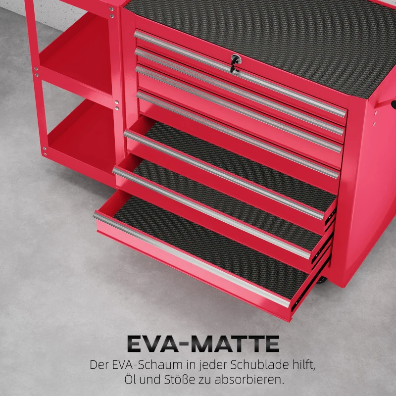 HOMCOM Werkstattwagen Werkzeugwagen mit 7 Schubladen abnehmbar Seitenregal 4 Rollen mit Feststellbremse, 96x33,5x75cm, Rot
