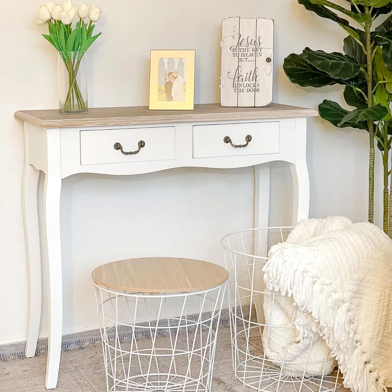 HOMCOM Mesa de Consola con 2 Cajones Diseño de Retro para Entrada Pasillo Sala de Estar Dormitorio Pino 87x34x78,5 cm Blanco