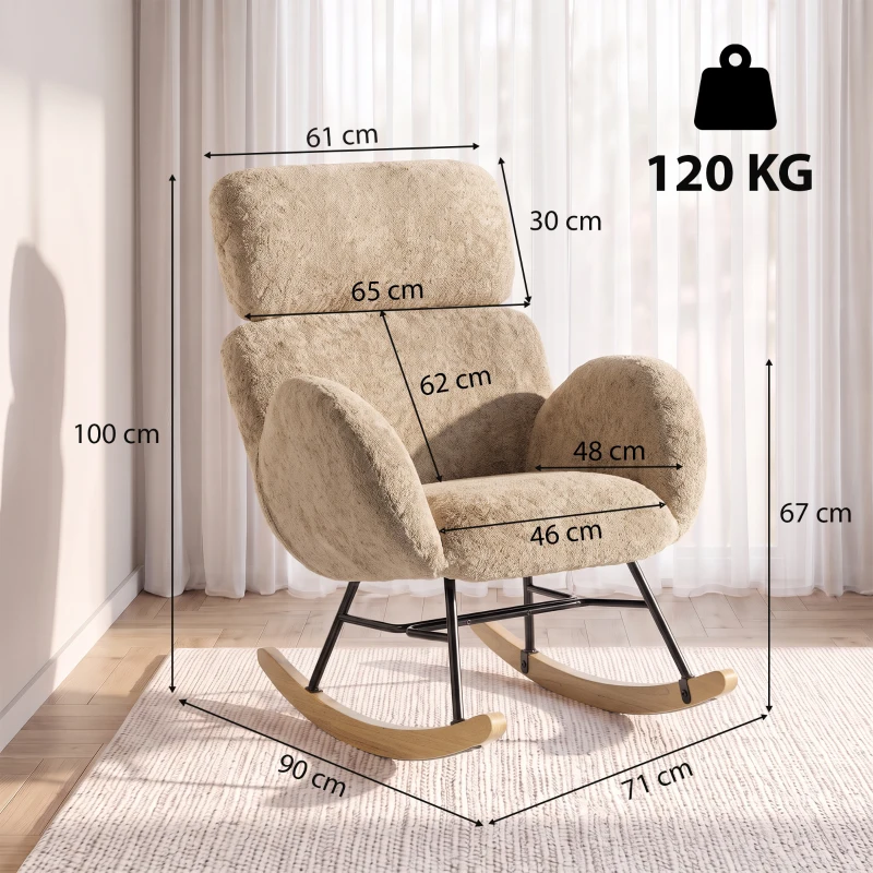 HOMCOM Upholstered Rocking Chair Adjustable Headrest Rocker Chair Raindrop Velvet Rubberwood Base Light Brown