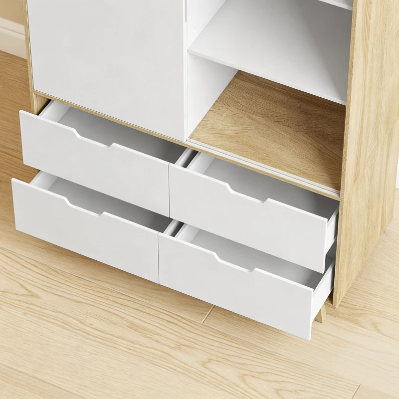 HOMCOM Armoire Chambre Penderie, 2 Portes Coulissantes, 4 Tiroirs, Barre de Suspension, Étagères Réglables, Chêne et Blanc