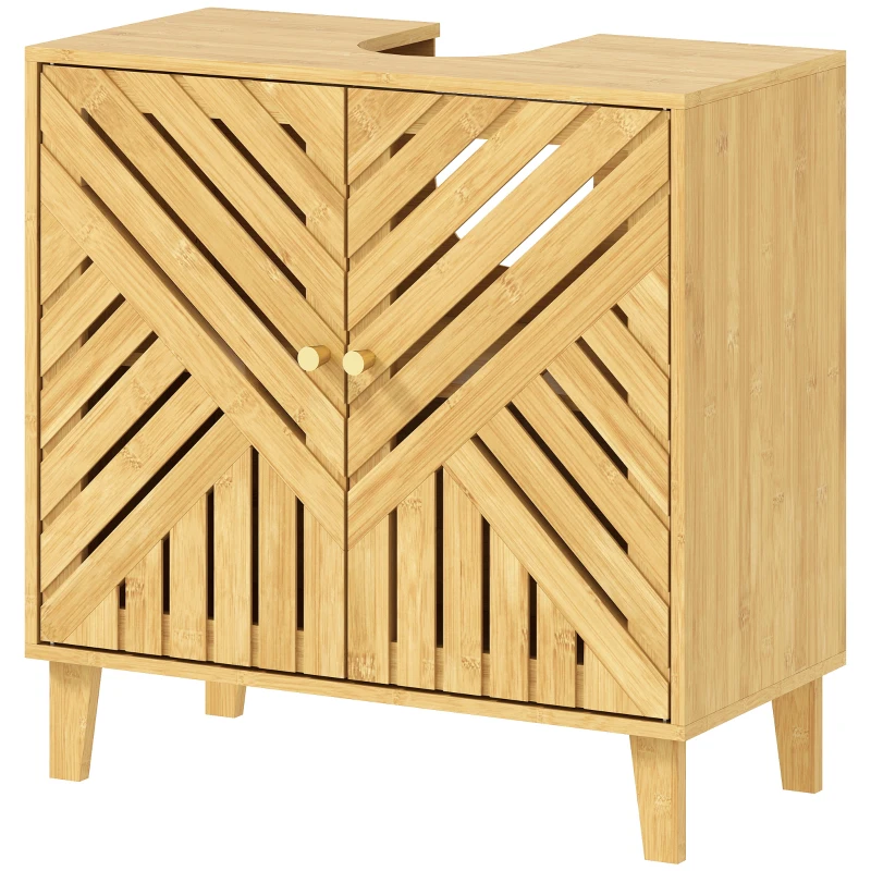 HOMCOM Mobile Sottolavabo per Bagno con 2 Ante a Doghe, Ripiano Regolabile, Gambe in Bambù, per Lavabi senza Colonna, 60x30x60 cm, Naturale