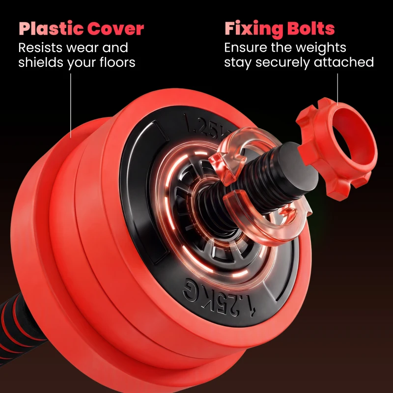 SPORTNOW Kit haltères musculation, haltères réglables 4 en 1, 20 kg, avec disques et barres, équipement de gym à domicile, rouge