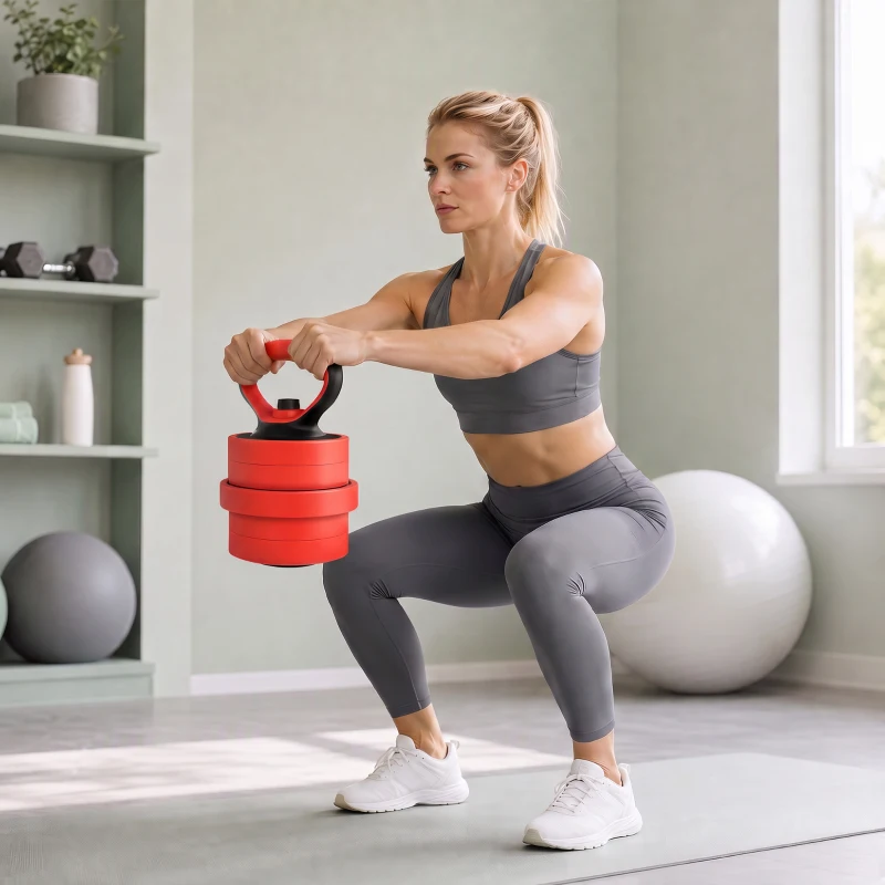 SPORTNOW Set Greutăți 4 în 1 de 20kg, Convertibil în Kettlebell, 2 Gantere, Bară și Suport pentru Flotări, Roșu