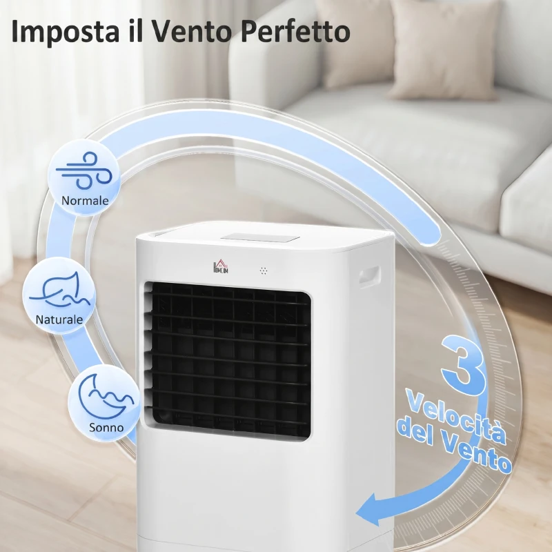 HOMCOM Raffrescatore Evaporativo e Ventilatore con Ghiaccio 3 in 1 a 3 Velocità con Timer, 32x37x74 cm, Bianco