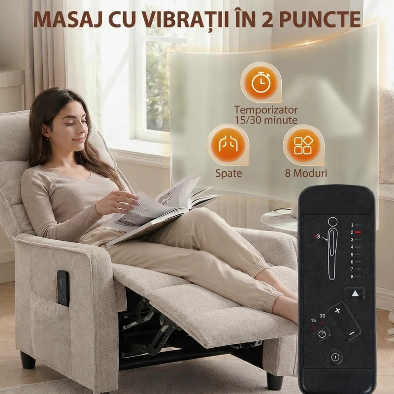 HOMCOM Fotoliu Masaj Reclinabil Manual din Material Textil Tip In cu Telecomandă, Crem