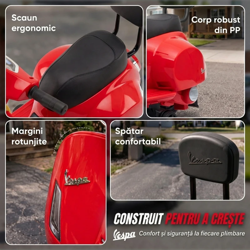 AIYAPLAY Motocicletă Electrică pentru Copii Mini Vespa Gts 7,2 V, 1,5-3 Ani, Roșie